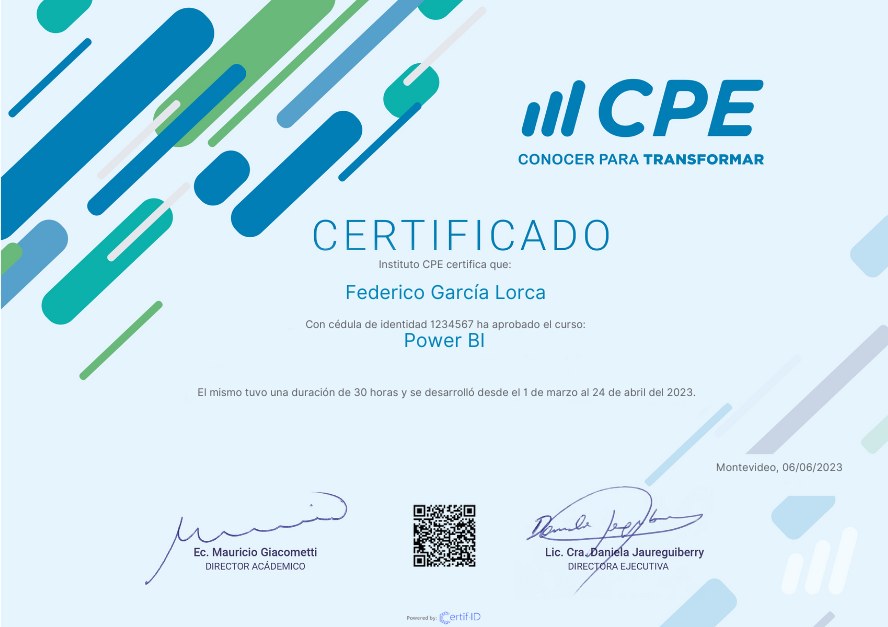 Certificado de ejemplo de Instituto CPE con nombre, cédula, curso, duración, fechas, firmas y código QR
