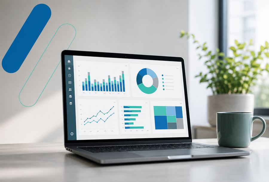 Una laptop sobre un escritorio muestra un tablero de Power BI con gráficos de barras, de anillo y de líneas