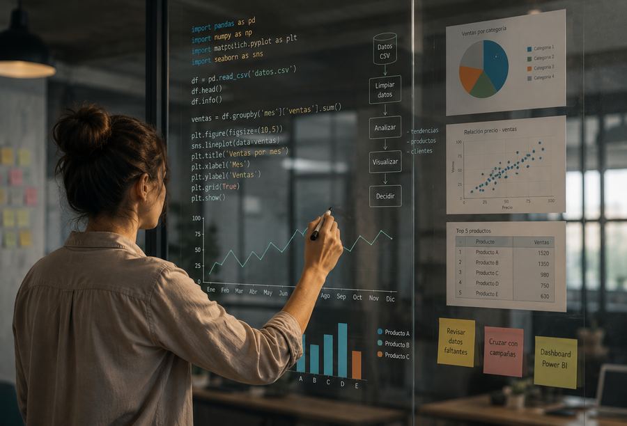 Una analista escribe código de Python en una pizarra de vidrio, rodeada de gráficos de líneas, barras y dispersión