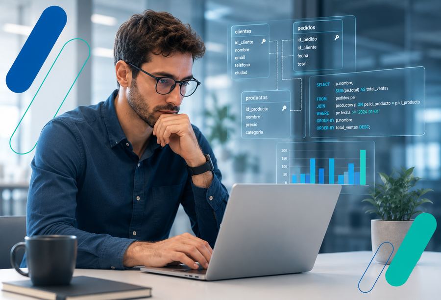 Un analista mira la laptop mientras a su lado flotan tablas de clientes, pedidos y productos, una consulta SQL y un gráfico de barras