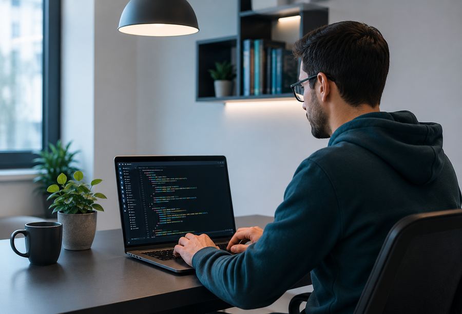 Un analista trabaja con código de Python en su laptop, en una oficina luminosa