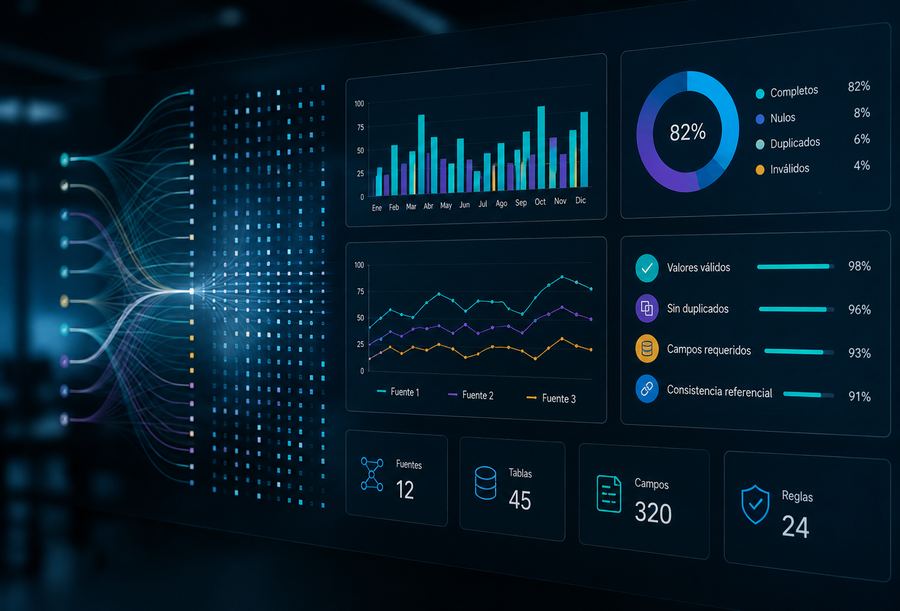 Tablero oscuro de calidad de datos con un indicador circular de 82% de registros completos, gráficos y porcentajes de valores válidos y sin duplicados