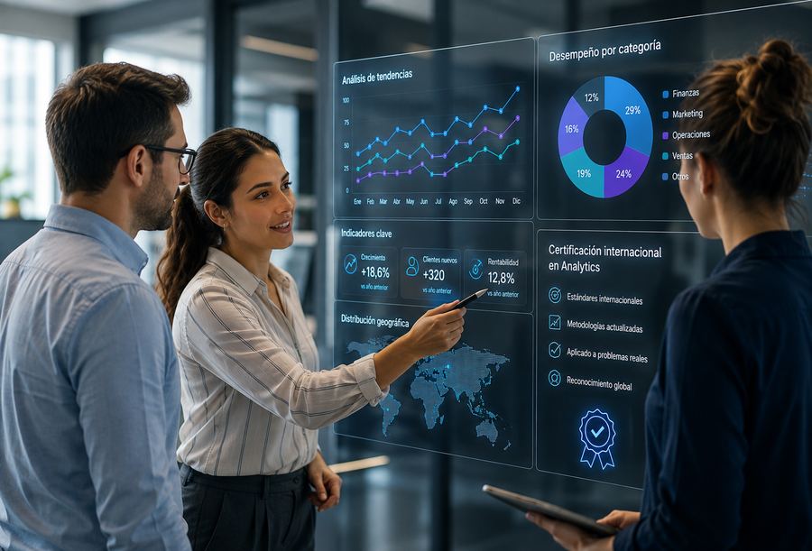 Tres profesionales analizan juntos un gran tablero de datos con gráficos e indicadores