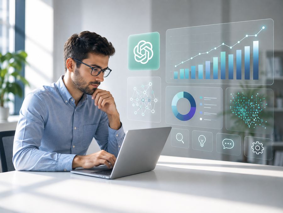 Un profesional piensa frente a su laptop mientras a su alrededor aparecen gráficos e íconos de inteligencia artificial
