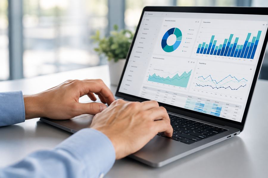Una persona escribe en una laptop que muestra un tablero de Power BI con gráficos de barras, áreas y anillo