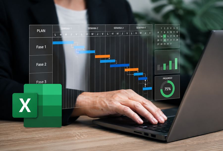 Persona trabajando en una laptop con un plan por fases y un tablero de avance de Excel superpuestos