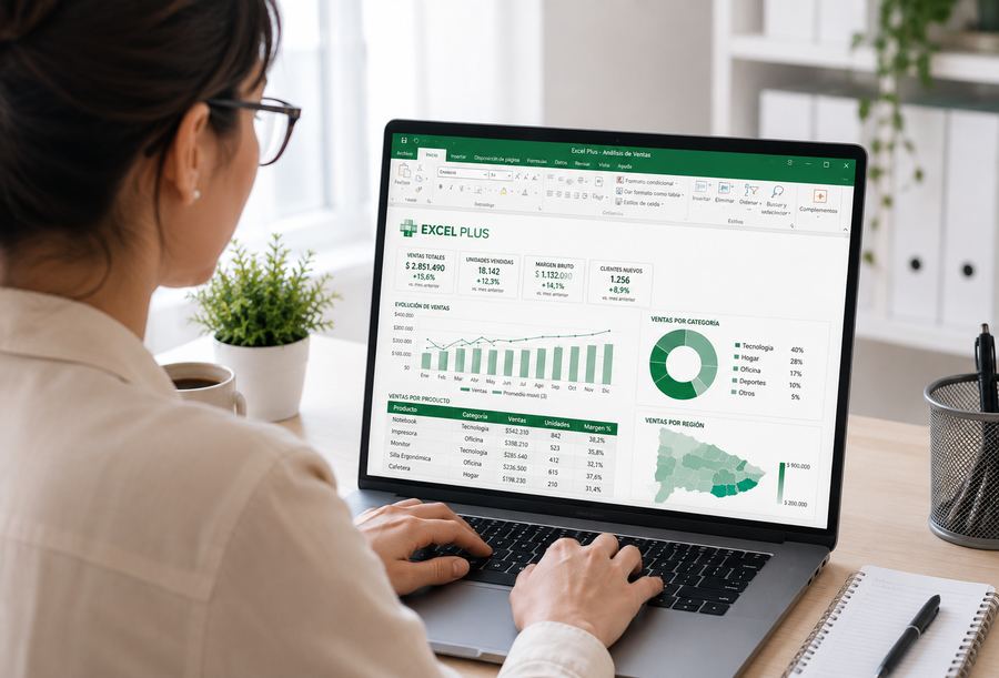 Una persona trabaja en una planilla de Excel con totales, gráficos y una tabla de ventas