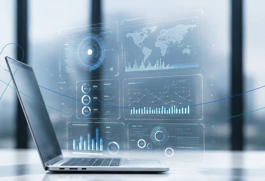 Una laptop abierta frente a paneles transparentes con mapas, gráficos de barras, líneas e indicadores de datos