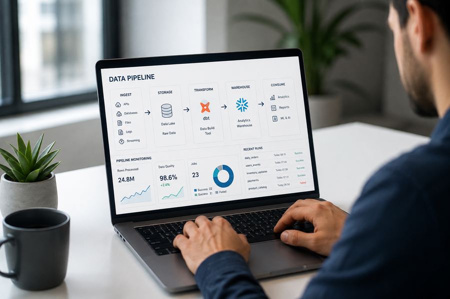 Una persona trabaja en una laptop que muestra un pipeline de datos con etapas de ingesta, almacenamiento, transformación y consumo