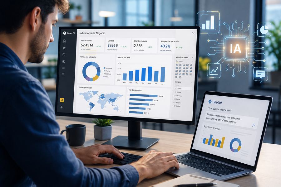 Una persona trabaja en un tablero de Power BI mientras le pide un análisis a Copilot en la laptop