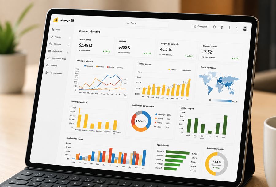 Una tablet muestra un resumen ejecutivo de Power BI con indicadores, gráficos de barras, de líneas y un mapa