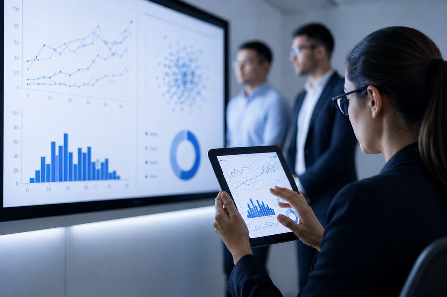 Una profesional revisa en una tablet gráficos de líneas y barras mientras su equipo mira un tablero en la pantalla grande