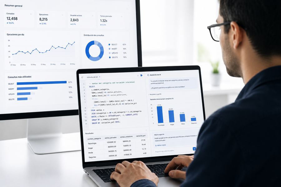 Una persona escribe una consulta SQL en la laptop mientras un asistente de IA le sugiere el resultado en un gráfico