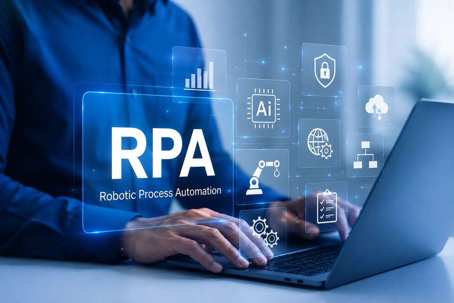 Una persona trabaja en su laptop frente a una pantalla con las letras RPA e íconos de automatización