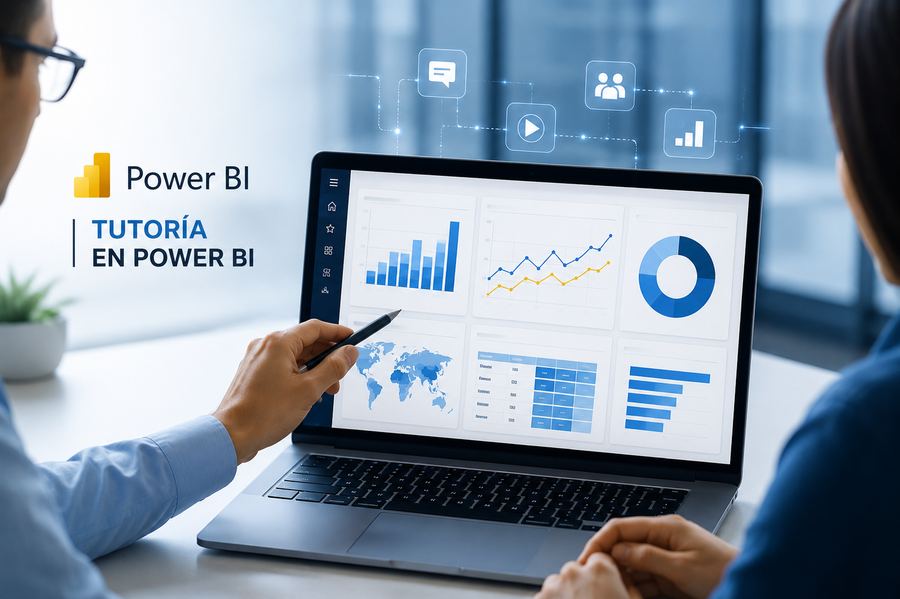 Dos personas revisan juntas un tablero de Power BI en una laptop, una de ellas señala los gráficos con una lapicera