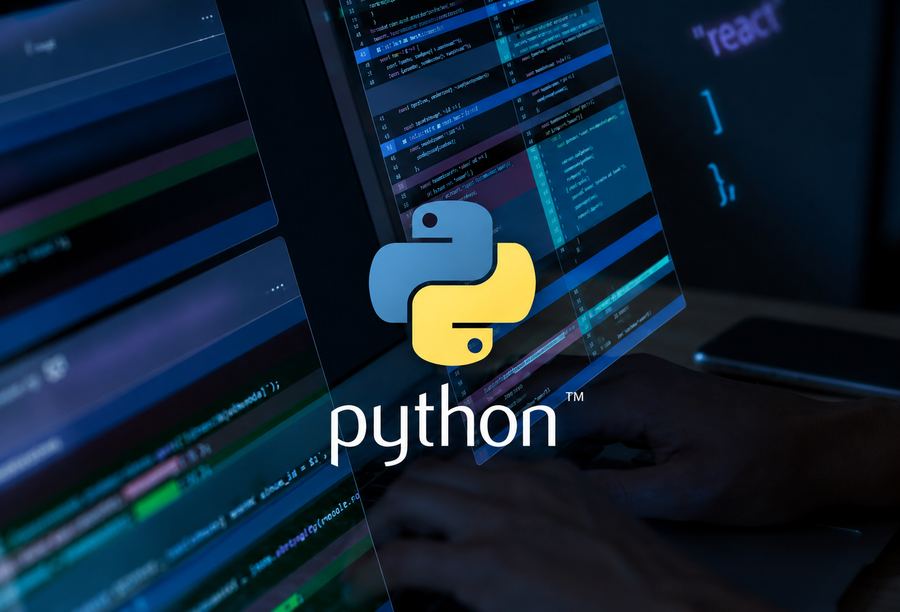 Pantallas con código de Python y el logo de Python en primer plano