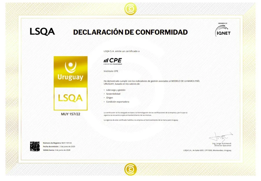 Declaración de conformidad de LSQA: Instituto CPE cumple con los indicadores de gestión del modelo Marca País Uruguay. Registro MUY 157/22, emitido el 2 de junio de 2025, válido hasta el 2 de junio de 2028