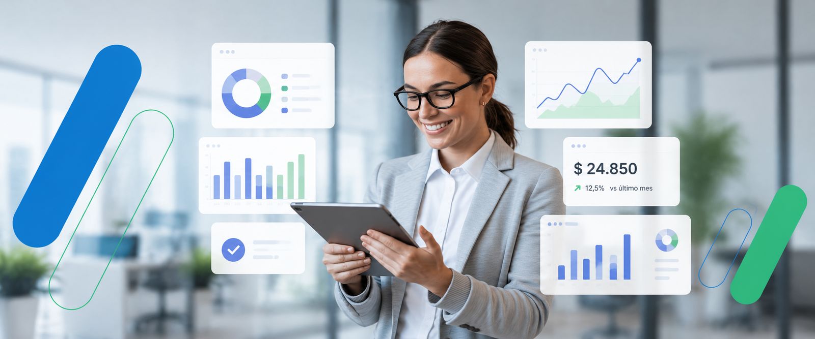 Profesional sonriendo mientras revisa datos en una tablet